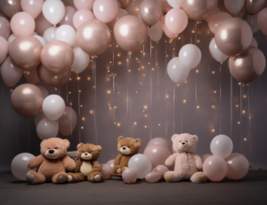 baby boy balloon backdrop with teddy bears, blush balloons, and lights, in the style of dark beige and pink, texture rich, ilford pan f, highly textured --ar 35:27 --v 5.2