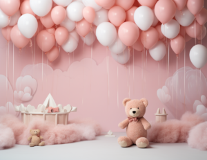 teddy bear backdrop with balloons and clouds, in the style of light bronze and pink, toyen --ar 35:27 --v 5.2