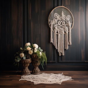 **A close up view of dark tone wooden floor with a white macrame piece on the floor making it an adorable background for baby photography --v 5.2
