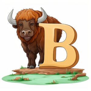 The buffalo is standing next to the capital letter B, cartoon style, cartoon style, visible outline, white background --v 5.2