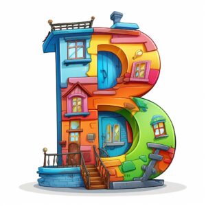colorful children's house in the shape of the letter B, stairs and windows visible in the letter, cartoon style, cartoon style, white background --v 5.2
