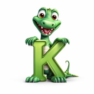 drawing of an alligator that is holding a capital letter K, cartoon style, cartoon style, cartoon style, white background --v 5.2