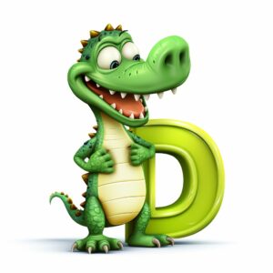 drawing of an alligator that is holding a capital letter D, cartoon style, cartoon style, cartoon style, white background --v 5.2