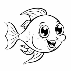 just an outline of a very cute smiling fish, vector graphics, flat background, soft black outline, white background, coloring book for children, no noise --v 5.2