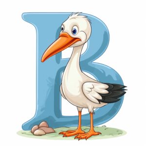 letter B, a cute stork is standing next to the capital letter B, the letter B is visible in full, cartoon style, cartoon style, visible outline, white background --v 5.2