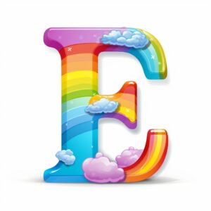 letter E, on the letter a rainbow, cartoon style, cartoon style, white background --v 5.2