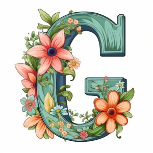 letter G, decorated with lowercase letters, cartoon style, cartoon style, white background --v 5.2