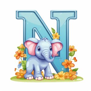 letter N, a cute little elephant stands next to the letter N, letter N visible all over, cartoon style, cartoon style, outline visible, white background --v 5.2