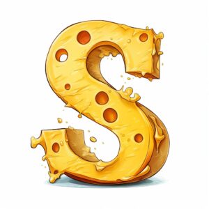 letter S, drawn cheese on the letter, cartoon style, cartoon style, white background --v 5.2