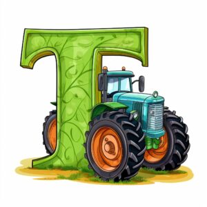 letter T, a nice tractor is standing next to the letter T, the letter T is visible all over, cartoon style, cartoon style, outline visible, white background --v 5.2