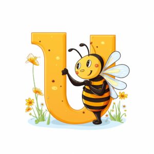 letter U, bee pattern on the letter, cartoon style, cartoon style, visible outline, white background --v 5.2