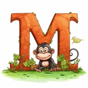 letter m on monkey letter, cartoon style, cartoon style, white background --v 5.2