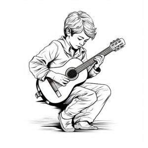 only outline child playing classical guitar, simple form, pencil drawing, coloring book for children, black and white drawing, white background, no noise, isolated white background --v 5.2