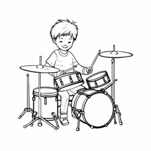 only outline child playing drums, simple form, pencil drawing, coloring book for children, black and white drawing, white background, no noise, isolated white background --v 5.2