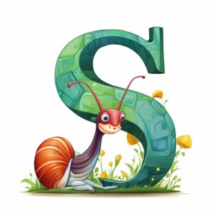 painted snail next to the letter S, cartoon style, cartoon style, visible outline, white background --v 5.2