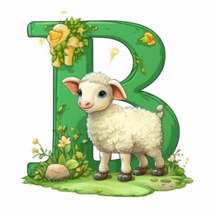 the letter B a small cute lamb stands next to the capital letter B, the letter B is visible in full, cartoon style, cartoon style, contour visible, white background --v 5.2
