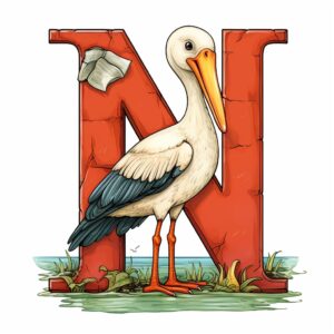 the letter M, a cute stork is standing next to the capital letter M, the letter M is fully visible from the front, cartoon style, cartoon style, visible outline, white background --v 5.2