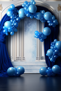 digital backdrop, balloons, drapes, arch, hyper-realistic, blue --ar 2:3 --v 5.2