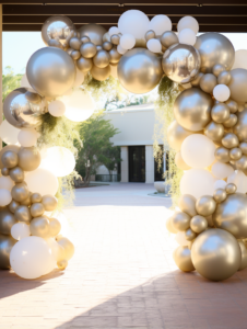 a page with the words bren shade and balloons, surrounded by white and blue helium, in the style of dark gold and light gold, social media art, matte photo, arched doorways, spacecore --ar 3:4 --v 5.2