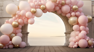 pink and gold balloon arch with balloons, in the style of matte photo, berndnaut smilde, dark white and dark beige, bio-art, orton effect, shot on 70mm, brian sum --ar 16:9 --v 5.2