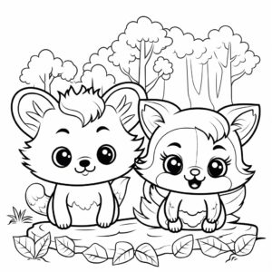 Coloring book for kids, contour, kawaii animals, cute surroundings, coloring pages, cartoon style, simple lineart, flat vector, back and white --v 5.2