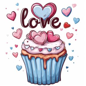 2023 illustration, Cupcake Cupcake with hearts falling like rain with text "love" written on it, decorate with Valentines day themed, full color, vector sticker, contour, Traditional animation style, adobe illustrator, pure clean white solid background, sublimation --style raw --stylize 200 --v 6