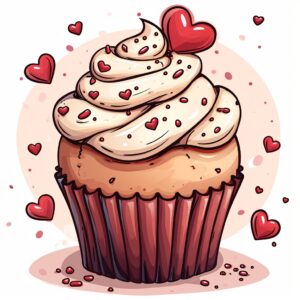 2023 illustration, Cupcake with a rose petals, decorate with Valentines day themed, full color, vector sticker, contour, Traditional animation style, adobe illustrator, pure clean white solid background, sublimation --style raw --stylize 400 --v 6