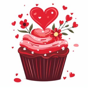 2023 illustration, red Cupcake with a heart in foilage of flower, decorate with Valentines day themed, full color, vector sticker, contour, Traditional animation style, adobe illustrator, pure clean white solid background, sublimation --style raw --v 6