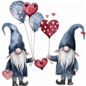 Watercolor Couple of gnomes holding hands and with heart-shaped balloons, decorate with Valentines day themed, full color, watercolor illustration, simple, cute, clipart, single object, white background for removing background --no watercolor splash in background, text shadow font --style raw --v 6