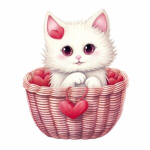 Watercolor Cozy white Cat in a Valentine Basket, decorate with Valentines day themed, full color, perfect for nursery art and Children’s book illustration style, watercolor illustration, simple, cute, clipart, single object, white background for removing background --no watercolor splash in background, text shadow font --style raw --v 5.2