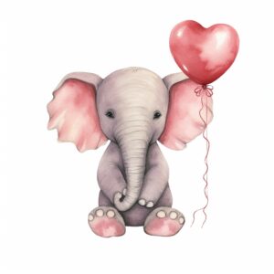 Watercolor Elephant, decorate with Valentines day themed, full color, watercolor illustration, simple, cute, clipart, single object, white background for removing background --no watercolor splash in background, text shadow font --style raw --v 5.2