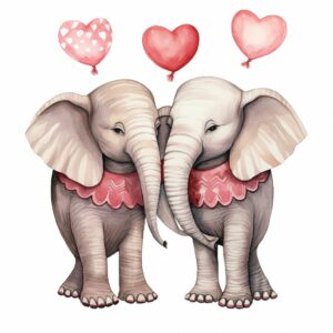 Watercolor Elephants wrapping their trunks around each other, decorate with Valentines day themed, full color, watercolor illustration, simple, cute, clipart, single object, white background for removing background --no watercolor splash in background, text shadow font --style raw --v 5.2