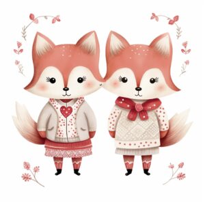Watercolor Foxes Pair, decorate with Valentines day themed, full color, perfect for nursery art and Children’s book illustration style, watercolor illustration, simple, cute, clipart, single object, white background for removing background --no watercolor splash in background, text shadow font --style raw --v 5.2