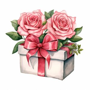 Watercolor Gift Box with two roses, decorate with Valentines day themed, full color, perfect for nursery art and Children’s book illustration style, watercolor illustration, simple, cute, clipart, single object, white background for removing background --no watercolor splash in background, text shadow font --style raw --v 5.2