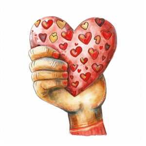 Watercolor Hand sign heart emoji with index finger and thumb crossed, decorate with Valentines day themed, full color, watercolor illustration, simple, cute, clipart, single object, white background for removing background --no watercolor splash in background, text shadow font --style raw --v 6