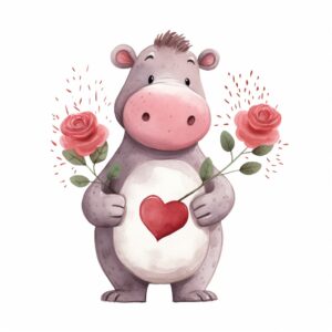 Watercolor Hippo, decorate with Valentines day themed, full color, perfect for nursery art and Children’s book illustration style, watercolor illustration, simple, cute, clipart, single object, white background for removing background --no watercolor splash in background, text shadow font --style raw --v 5.2