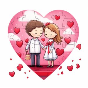 Watercolor Love Puzzle Pieces, decorate with Valentines day themed, full color, perfect for nursery art and Children’s book illustration style, watercolor illustration, simple, cute, clipart, single object, white background for removing background --no watercolor splash in background, text shadow font --style raw --v 5.2