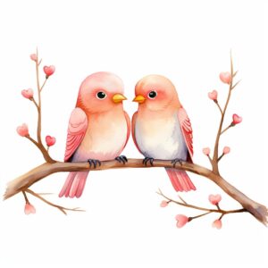 Watercolor Lovebirds, decorate with Valentines day themed, full color, perfect for nursery art and Children’s book illustration style, watercolor illustration, simple, cute, clipart, single object, white background for removing background --no watercolor splash in background, text shadow font --style raw --v 5.2