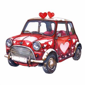 Watercolor Mini car, decorate with Valentines day themed, full color, watercolor illustration, simple, cute, clipart, single object, sublimation, white background for removing background --no watercolor splash in background, text shadow font --style raw --v 6