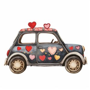 Watercolor Mini car, decorate with Valentines day themed, full color, watercolor illustration, simple, cute, clipart, single object, sublimation, white background for removing background --no watercolor splash in background, text shadow font --style raw --v 6