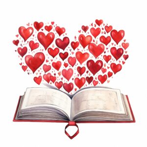 Watercolor Open Book Hearts, decorate with Valentines day themed, full color, perfect for nursery art and Children’s book illustration style, watercolor illustration, simple, cute, clipart, single object, white background for removing background --no watercolor splash in background, text shadow font --style raw --v 5.2