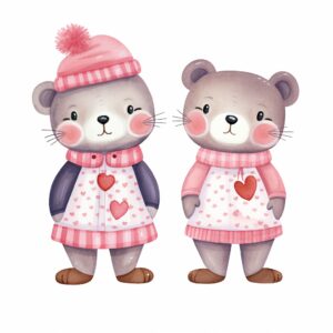 Watercolor Otter Couple, decorate with Valentines day themed, full color, perfect for nursery art and Children’s book illustration style, watercolor illustration, simple, cute, clipart, single object, white background for removing background --no watercolor splash in background, text shadow font --style raw --v 5.2