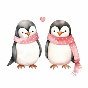 Watercolor Penguin Pair, decorate with Valentines day themed, full color, perfect for nursery art and Children’s book illustration style, watercolor illustration, simple, cute, clipart, single object, white background for removing background --no watercolor splash in background, text shadow font --style raw --v 5.2