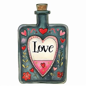 Watercolor Potion bottle labeled with text "Love", decorate with Valentines day themed, full color, watercolor illustration, simple, cute, clipart, single object, white background for removing background --no watercolor splash in background, text shadow font --style raw --v 6