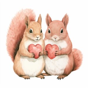 Watercolor Squirrel pair, decorate with Valentines day themed, full color, watercolor illustration, simple, cute, clipart, single object, white background for removing background --no watercolor splash in background, text shadow font --style raw --v 5.2