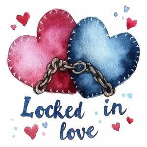 Watercolor Two hearts locked together with a chain with text "Locked in love", decorate with Valentines day themed, full color, watercolor illustration, simple, cute, clipart, single object, white background for removing background --no watercolor splash in background, text shadow font --style raw --stylize 500 --v 6