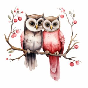 Watercolor Two owls perched on a branch, decorate with Valentines day themed, full color, watercolor illustration, simple, cute, clipart, single object, white background for removing background --no watercolor splash in background, text shadow font --style raw --v 5.2