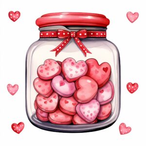 Watercolor Valentine's Day Cookies, decorate with Valentines day themed, full color, perfect for nursery art and Children’s book illustration style, watercolor illustration, simple, cute, clipart, single object, white background for removing background --no watercolor splash in background, text shadow font --style raw --v 5.2