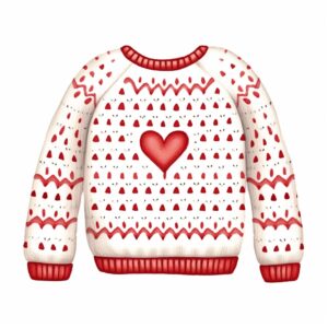 Watercolor a cozy sweater adorned with an all-over pattern of heart, decorate with Valentines day themed, full color, perfect for nursery art and Children’s book illustration style, watercolor illustration, simple, cute, clipart, single object, white background for removing background --no watercolor splash in background, text shadow font --style raw --v 5.2