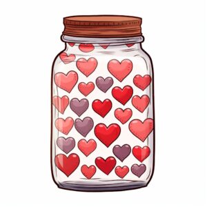 Watercolor a glass jar Valentine’s Day doodle many hearts , decorate with Valentines day themed, full color, perfect for nursery art and Children’s book illustration style, watercolor illustration, simple, cute, clipart, single object, white background for removing background --no watercolor splash in background, text shadow font --style raw --v 5.2